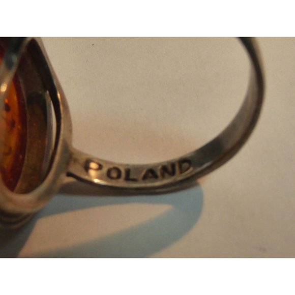 Modernist Amber & Sterling Silver Ring Signed E Size 9 - Picture 3 of 10